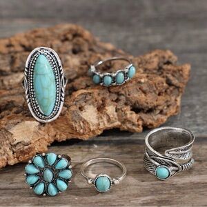 Turquoise Boho Retro Style 5 Piece Women’s Fashion Ring Set